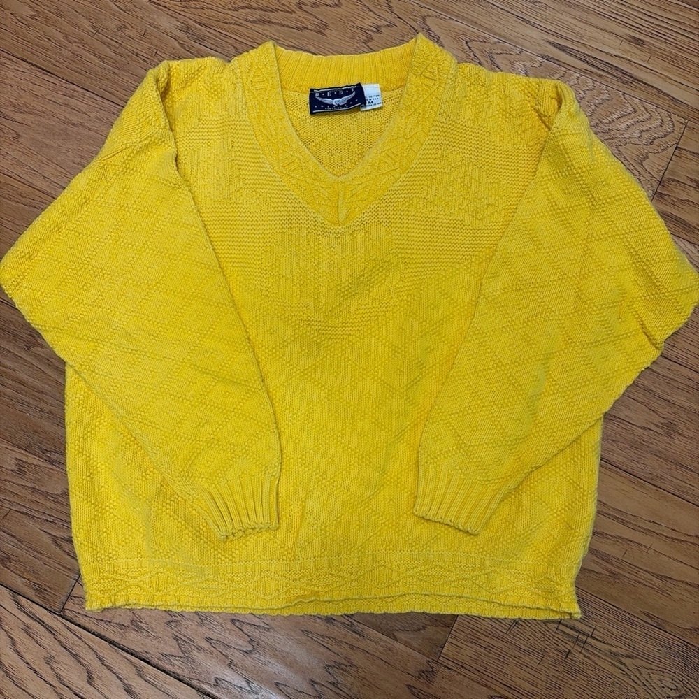 Bright Yellow Vintage V-Neck Textured Sweater Medium